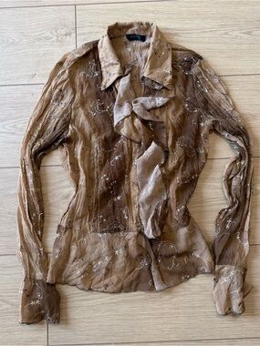 Sheer Brown Ruffle-Front Women's Blouse